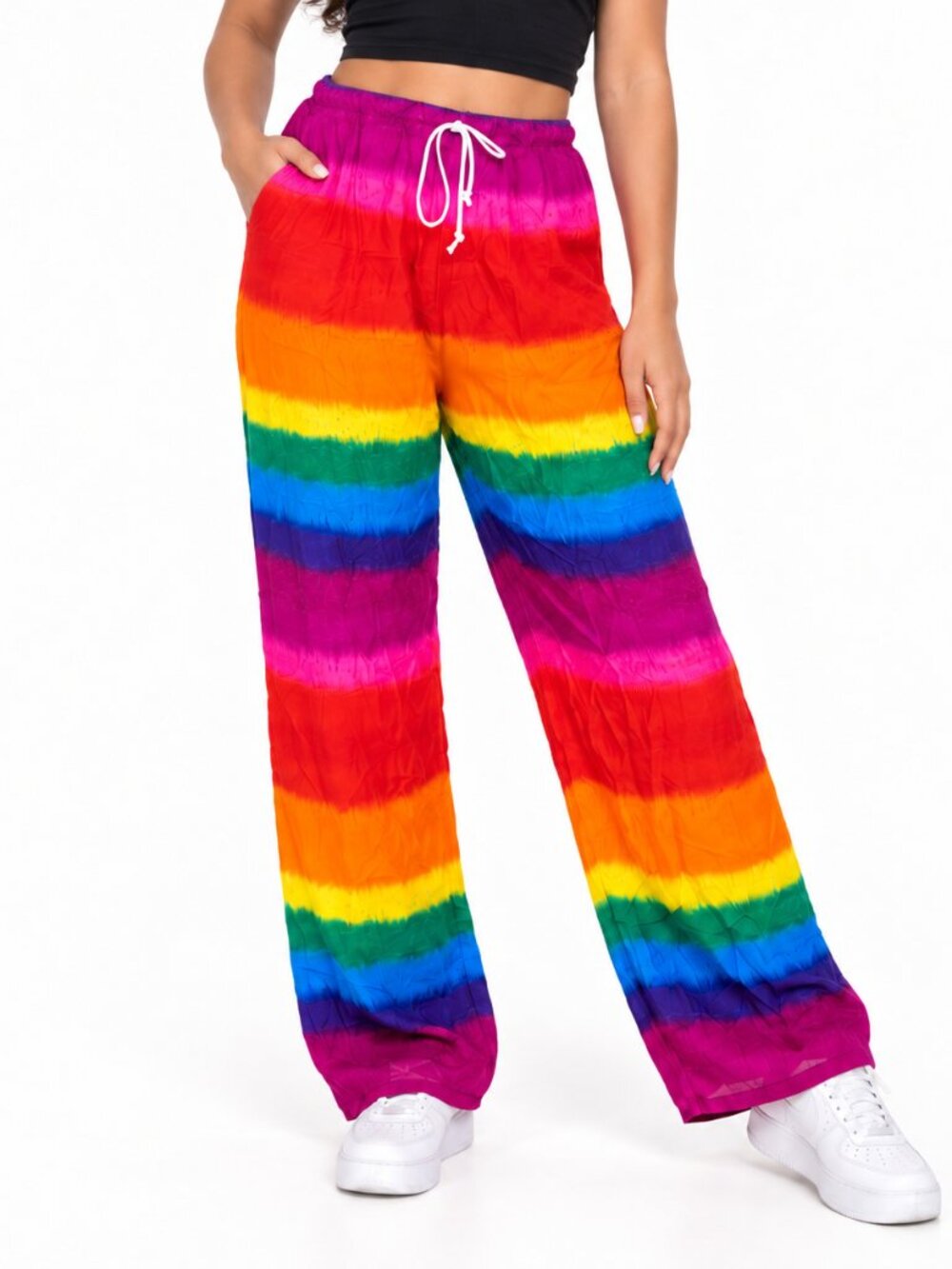 Women’s Rainbow Tie Dye Pants – One Size Elastic Waist Drawstring Boho Festival